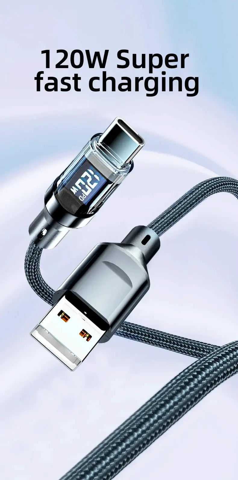 OOZCC LCD Watt Display USB-C to USB-A charging cable, 120W max, braided dark blue