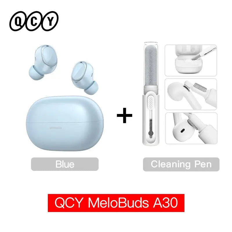 QCY MeloBuds A30 blue wireless earbuds pair with charging case and cleaning pen, LDAC Hi-Res Bluetooth headphones