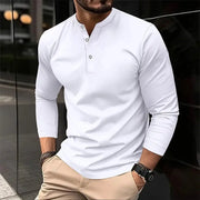 Men's white long-sleeve Henley polo shirt with 3-button placket, breathable casual top