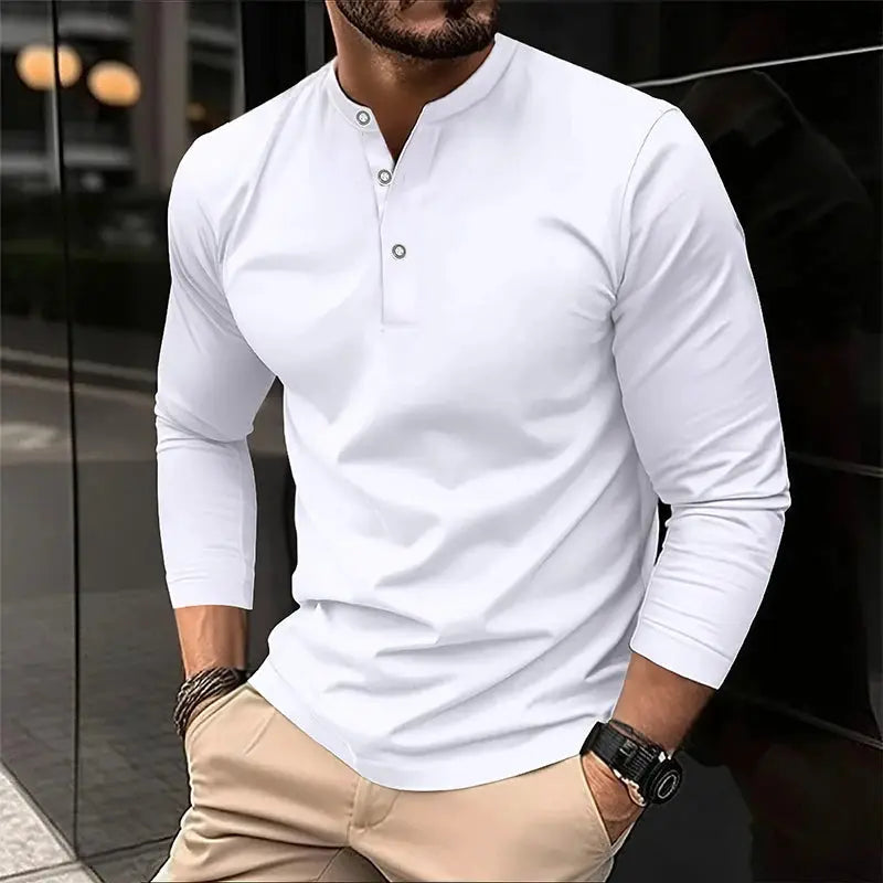 Men's white long-sleeve Henley polo shirt with 3-button placket, breathable casual top