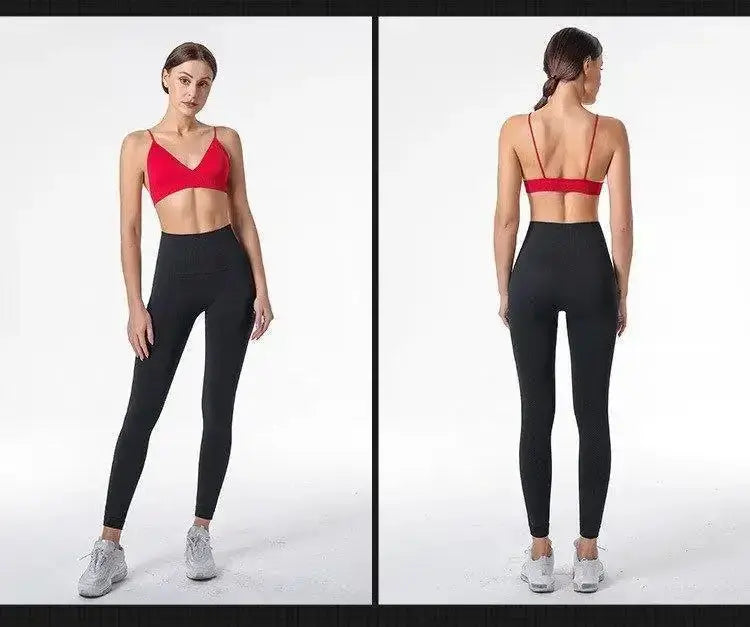 Red V-neck seamless triangle-cup bra camisole with black high-waisted leggings, front and back views