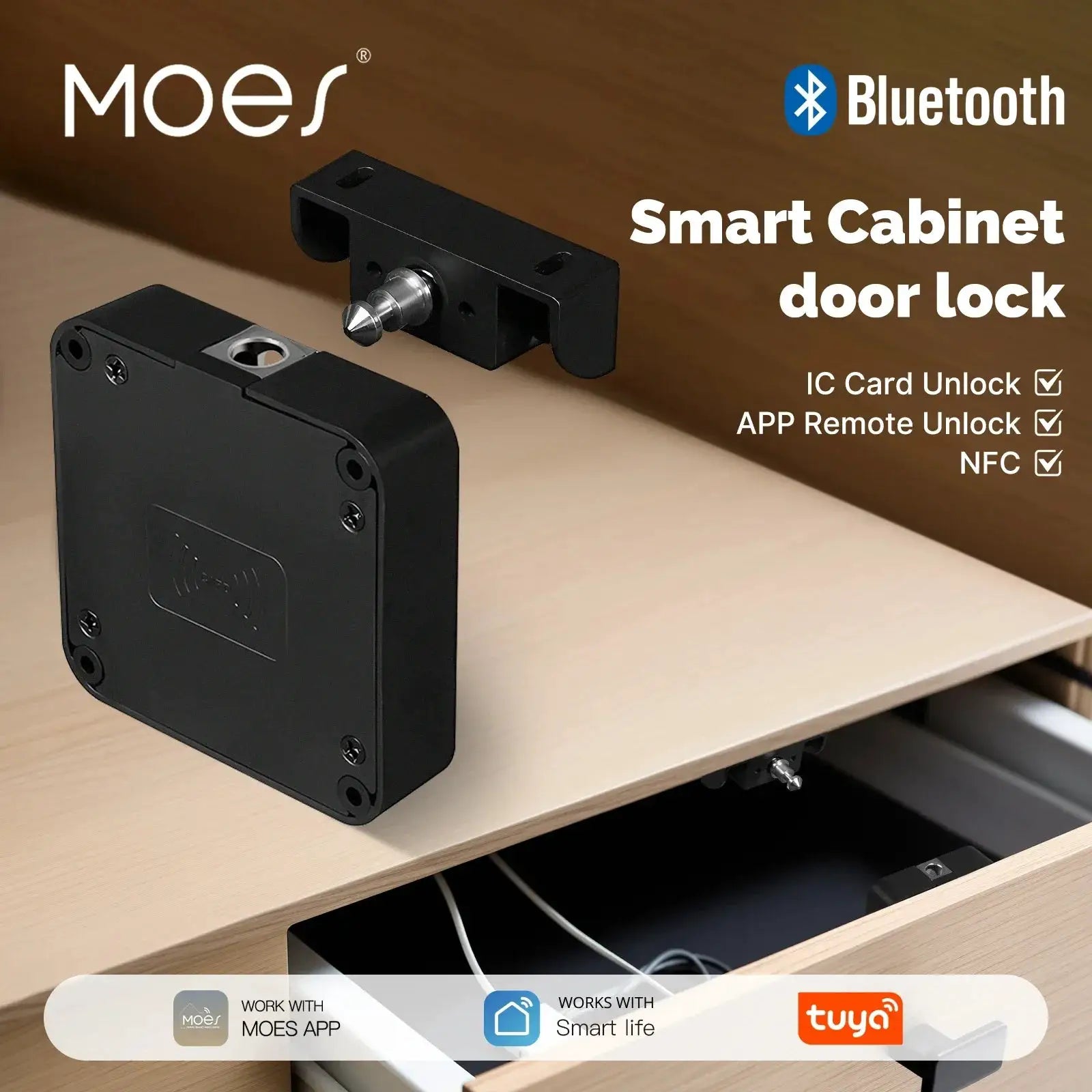 MOES smart cabinet door lock in black metal with Bluetooth, IC card unlock and app control