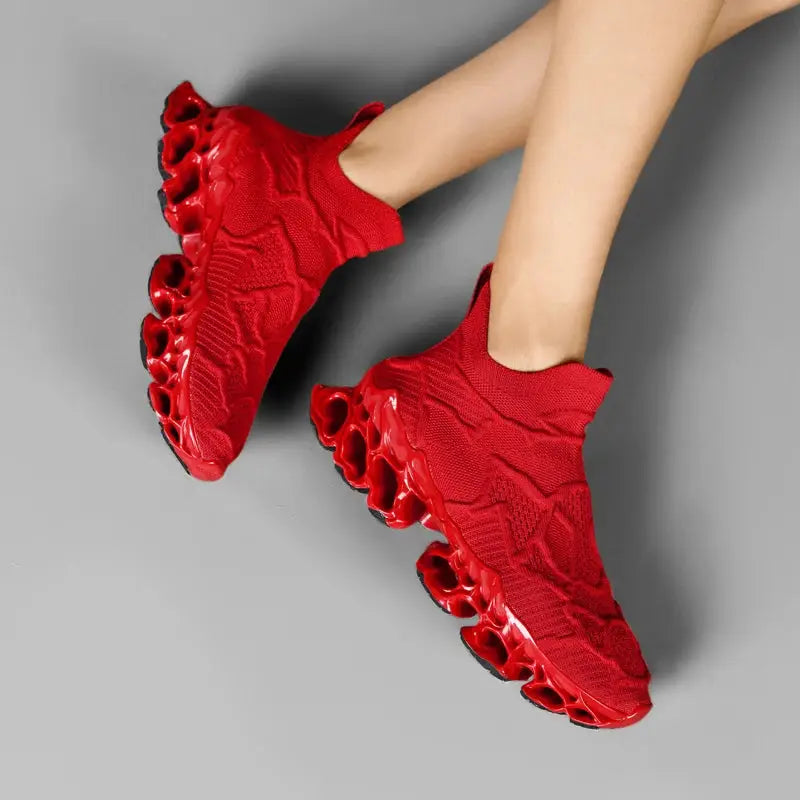 Red Simples Market sneakers with breathable knit upper and bubble outsole