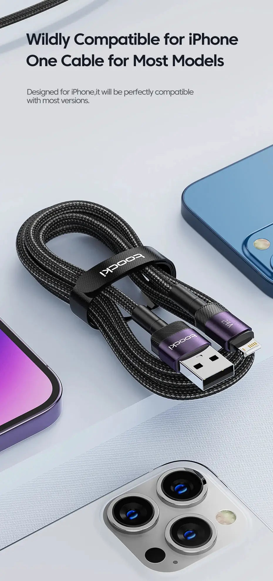 Toocki braided USB Lightning charging cable with purple aluminum ends for iPhone, fast charging