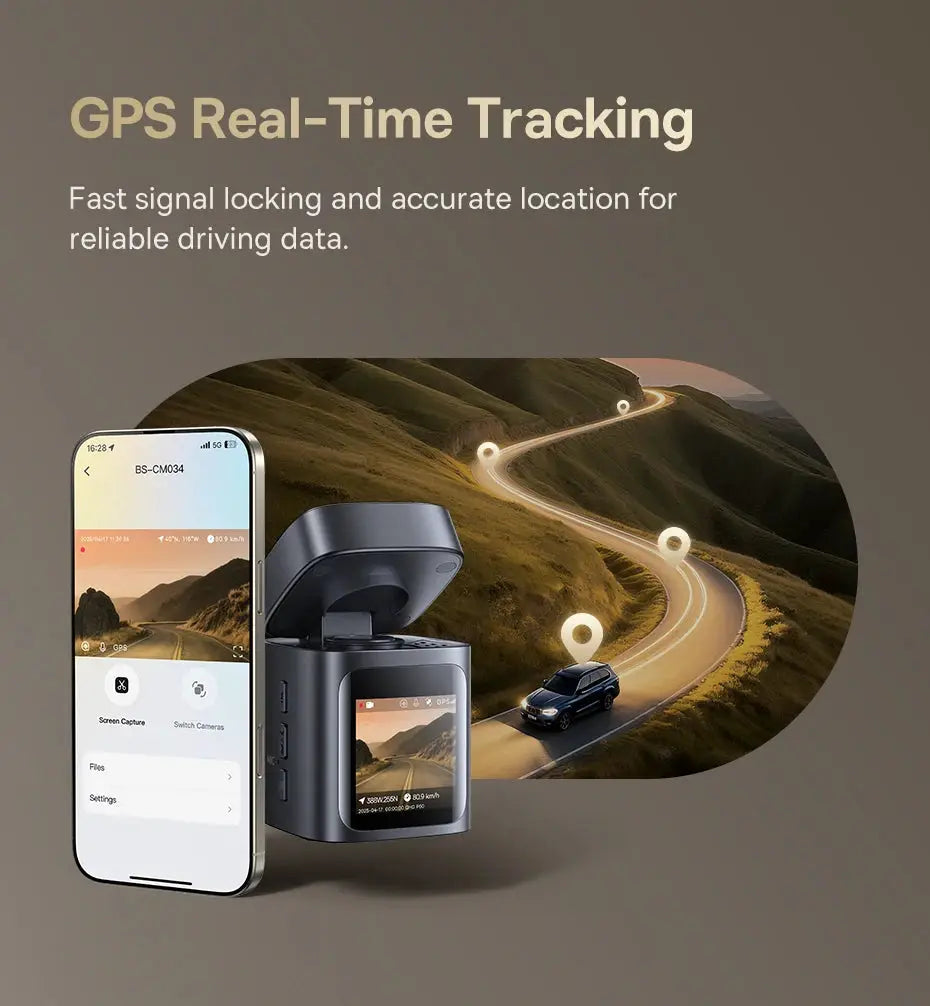 Baseus VD1 Pro dash cam with built-in screen and smartphone app UI beside a winding GPS road scene.