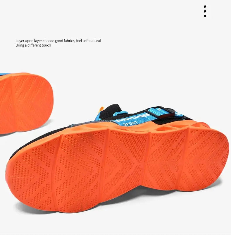 Sneakers blue mesh upper athletic shoes with orange thick sole