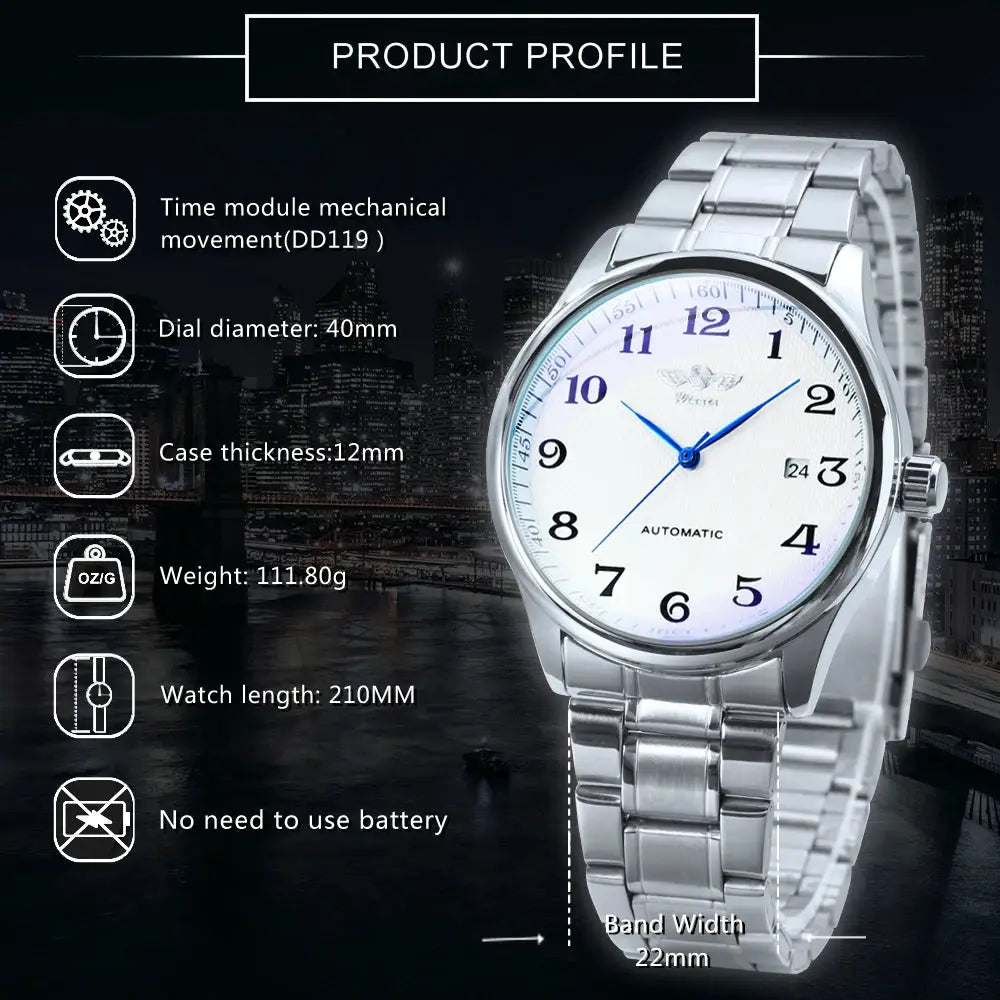 WINNER men's automatic wristwatch with stainless steel bracelet, white dial, and date window