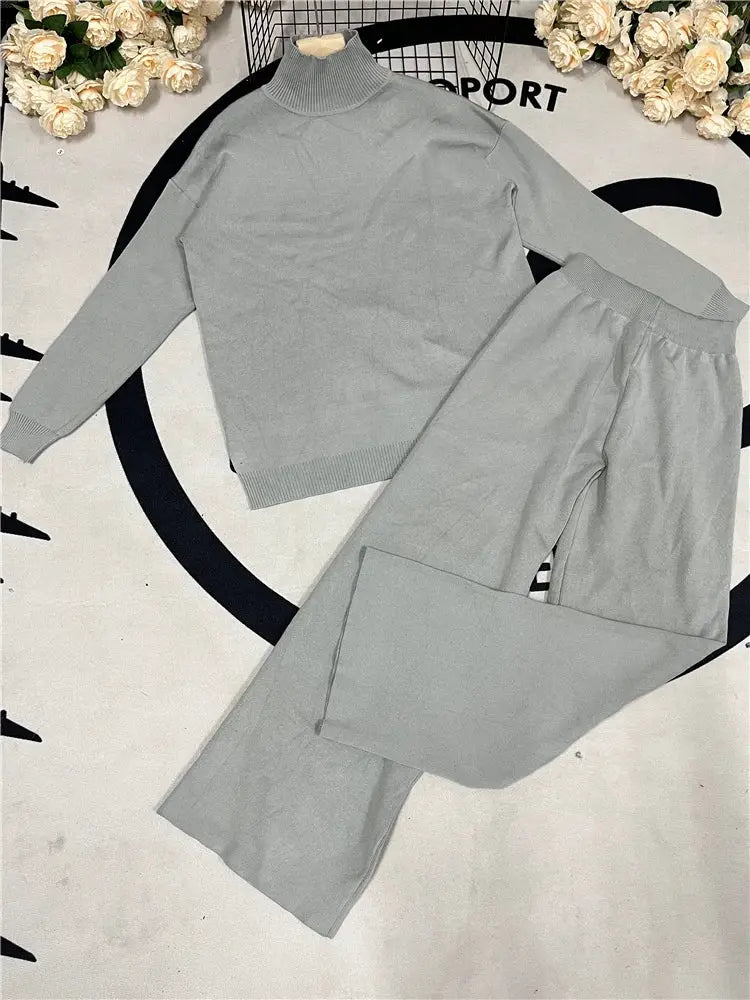 CozyNest Autumn Winter Two Piece Knitted Tracksuit Set With Turtleneck Sweater And Wide Leg Joggers For Women