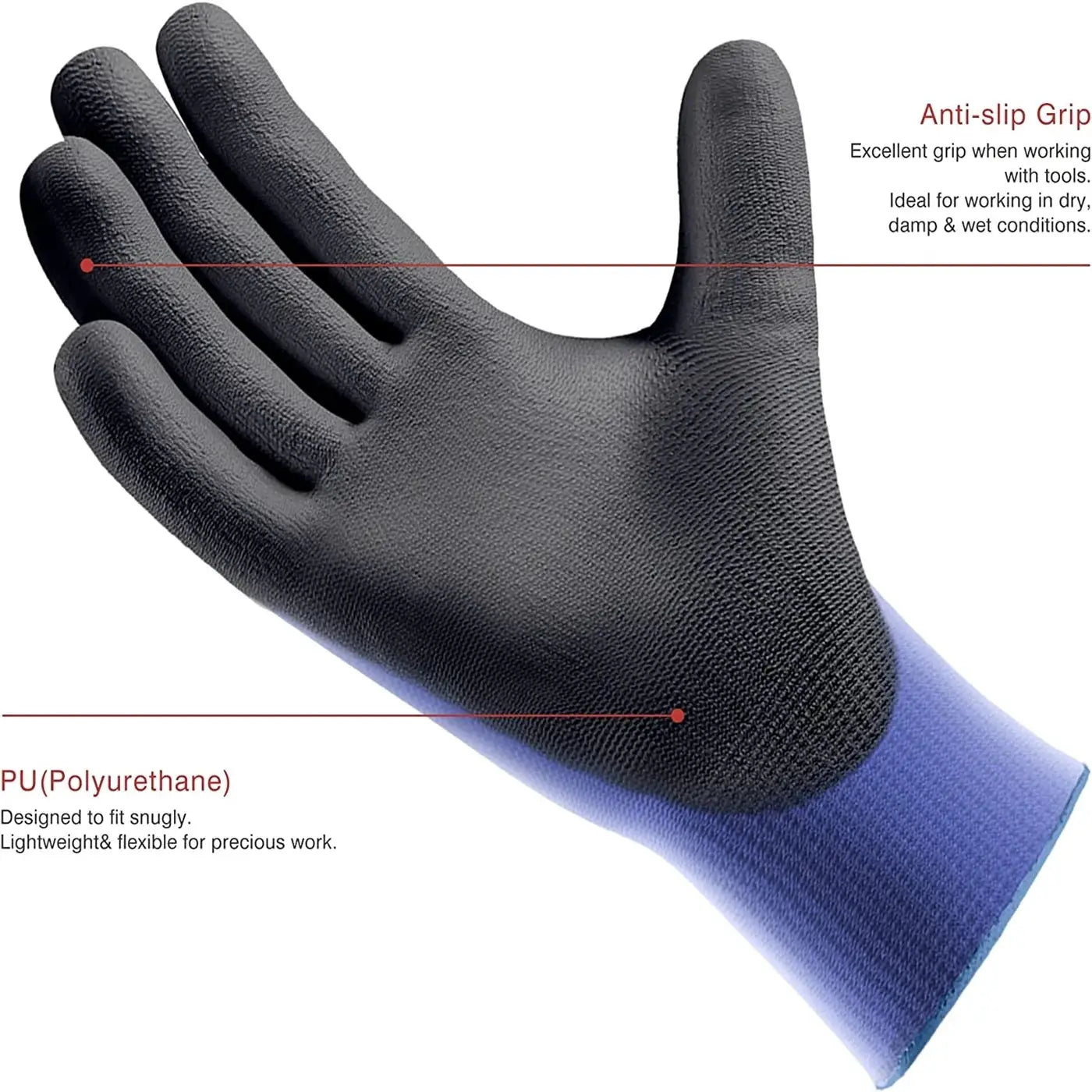 12 Pairs Ultra Thin PU Coated Work Gloves With Nylon Shell Knit Wrist Cuff For Superior Grip And Dexterity