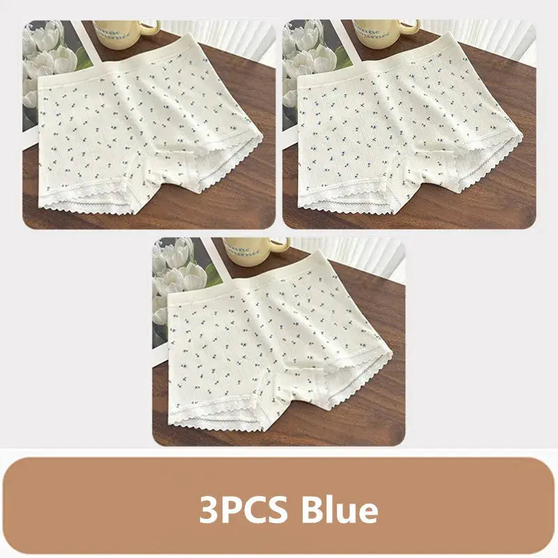 Simples Market 3pc women's underwear set, white with tiny blue florals, lace-trimmed mid-rise boxer panties