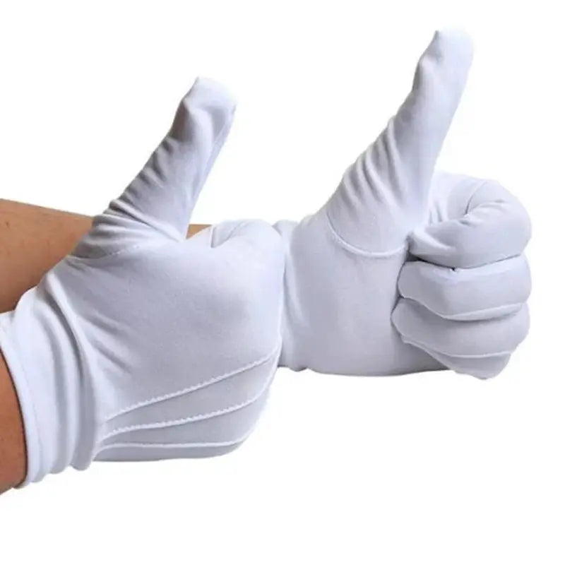 Men's white cotton formal glove, tuxedo/ceremonial wear, thumbs-up pose