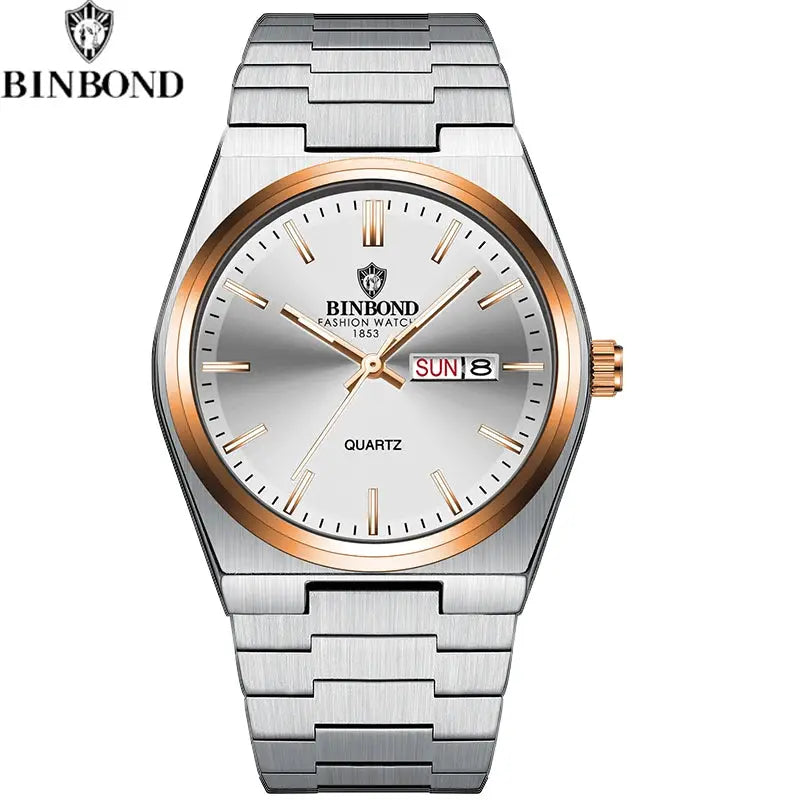 BINBOND men's quartz watch with stainless steel band, silver dial and rose-gold bezel.