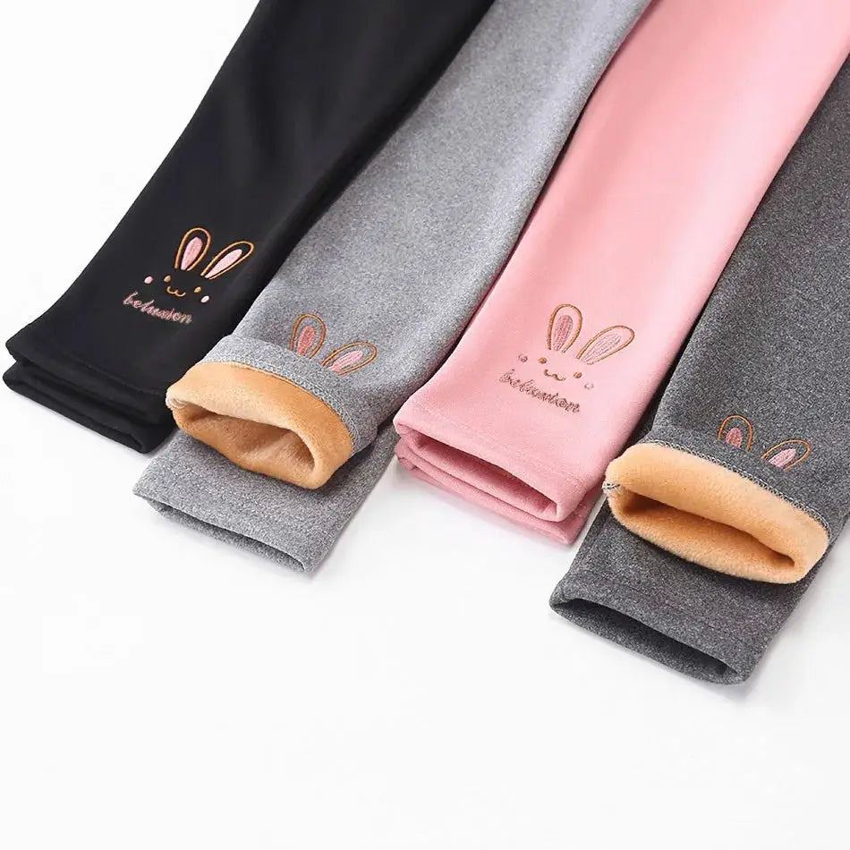 Girls 3 To 8 Years Fleece Lined Bunny Embroidered Leggings For Autumn Winter Thermal Tights