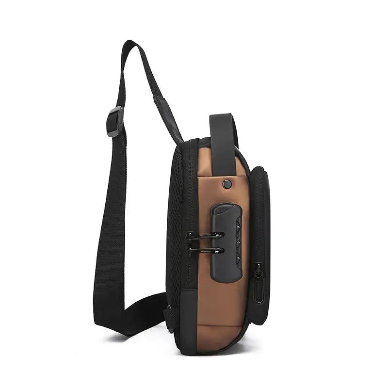 Simples Market men's anti-theft chest bag crossbody with USB charging, brown/tan and black