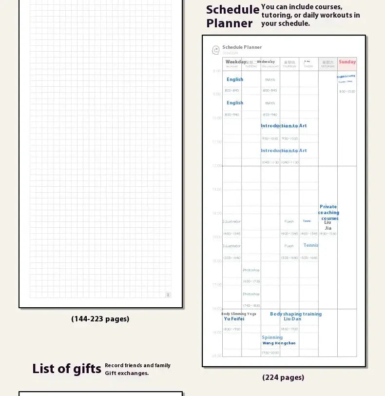 Kinbor weekly planner pocket notebook with grid pages and two-page schedule planner layout