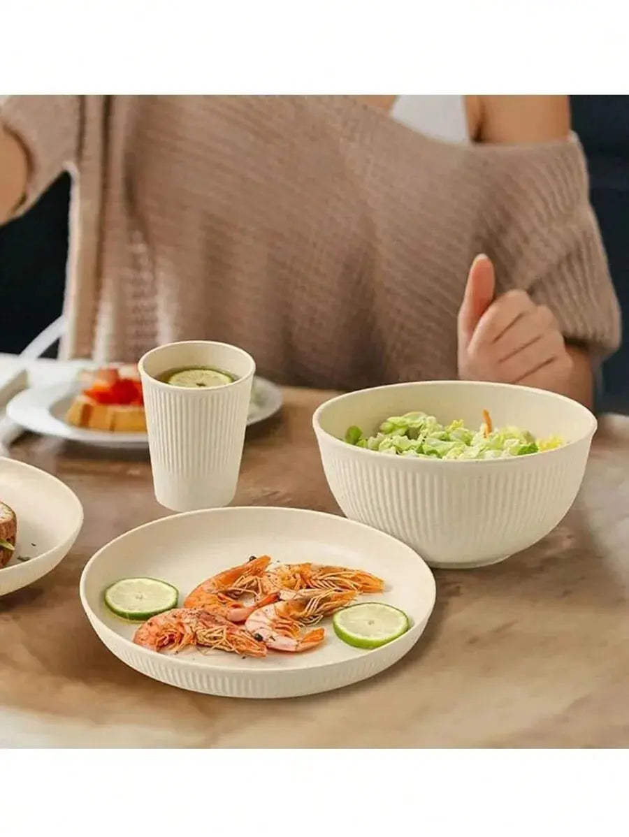 Beige Plastic Dinnerware Set 4 16 24 Pieces Reusable Cup Plate Bowl Kit For Camper Camping Picnic Dormitory