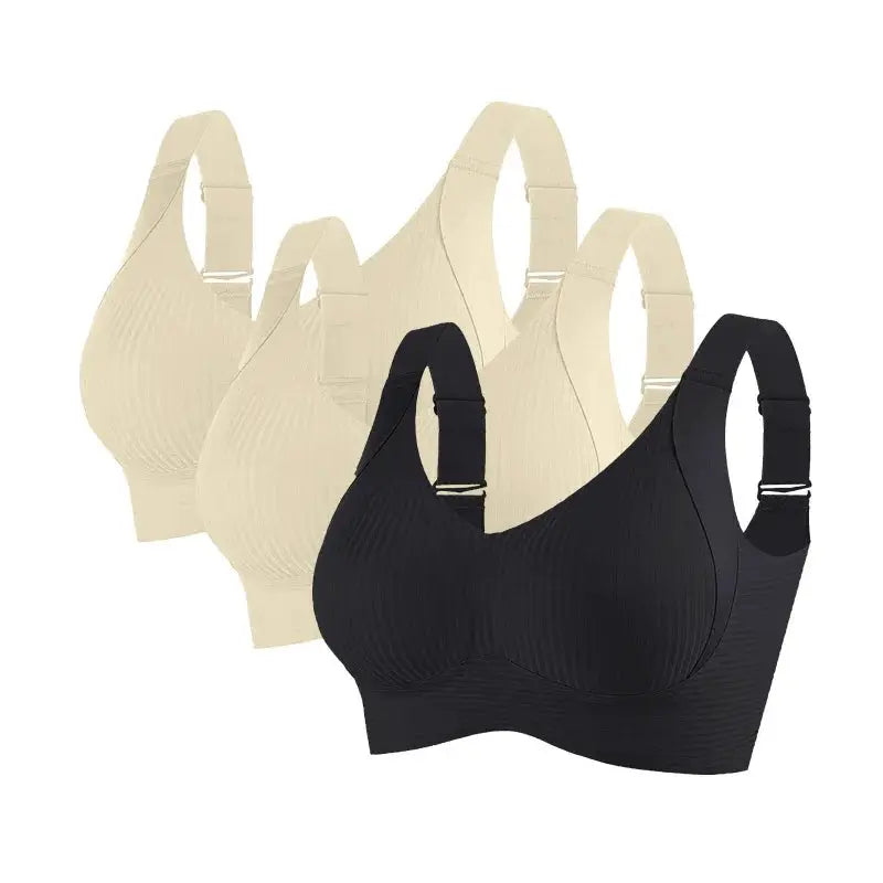 3-pack women’s ribbed seamless push-up bras by Simples Market, non-wire, V-neck, black and beige