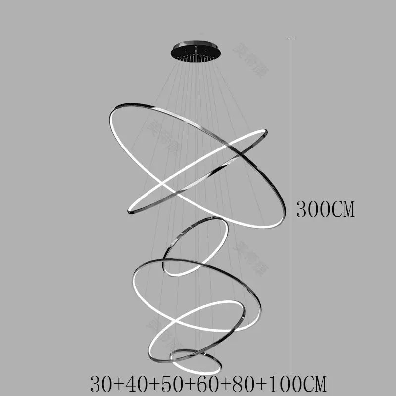 Simples Market modern chrome LED spiral pendant light with overlapping circular rings, 300cm drop