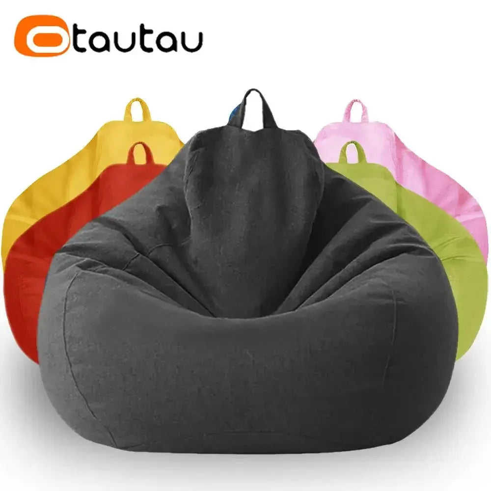 OTAUTAU bean bag sofa with filler; five color options shown, gray front with red, yellow, pink and green