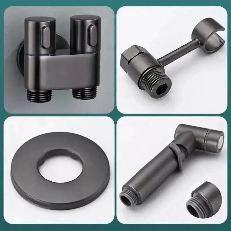 Toilet bidet sprayer set by Simples Market, black four-piece with dual-outlet angle valve, hose and handheld nozzle.