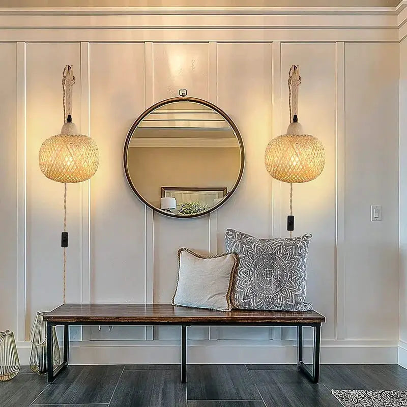 Bamboo lantern wall lamps, natural rattan wicker, pair of hand-woven hanging fixtures.