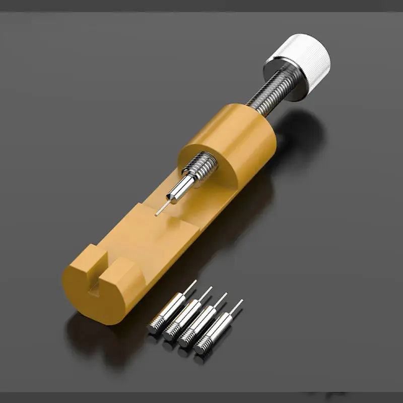 Simples Market watch link pin remover tool in yellow metal with adjustable screw; includes 5 pins