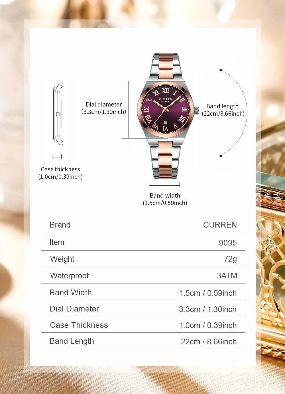 Curren women's analog watch with two-tone bracelet, purple dial, roman numerals and date.