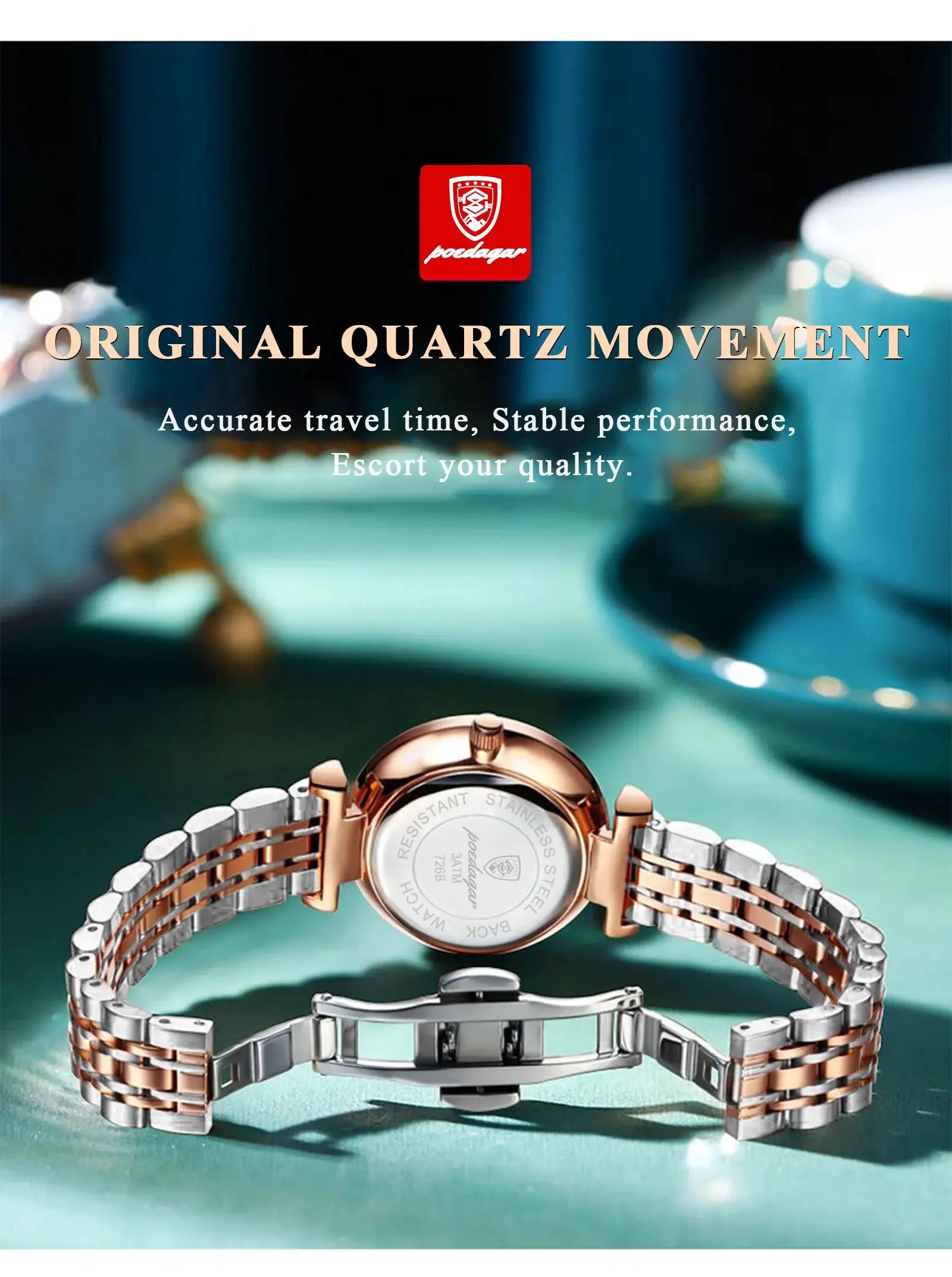 POEDAGAR women's rose-gold and silver stainless steel quartz wristwatch