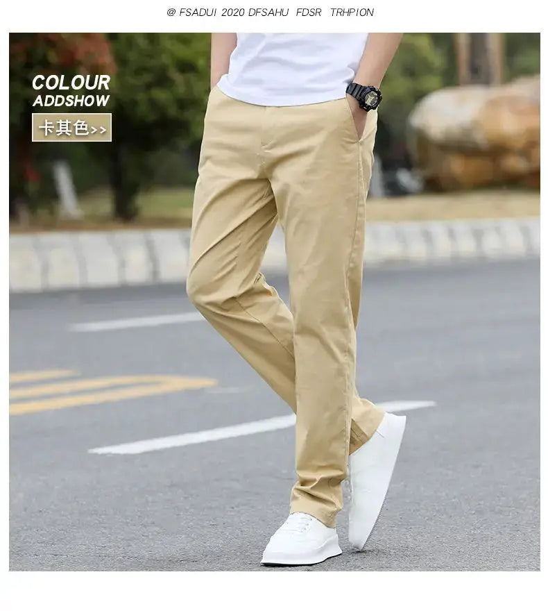 Men's cotton chinos, breathable straight pants in khaki, sizes W28-W40.