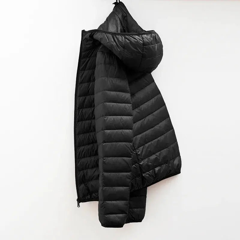 Men's hooded down jacket by Simples Market, black ultralight quilted puffer coat.