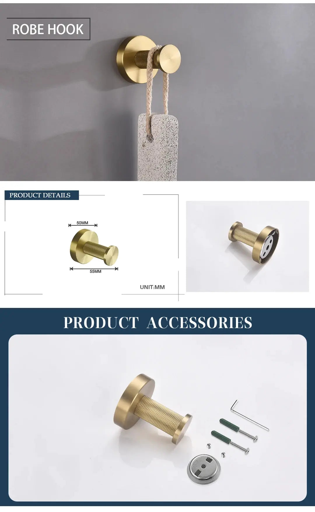 Robe hook by Simples Market in brushed gold knurled brass bathroom hardware set for wall mounting