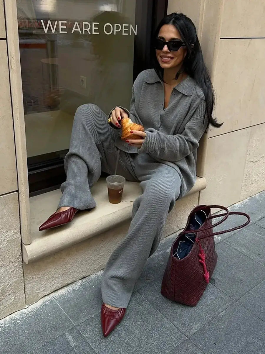 Bornladies Autumn Winter Knit Cardigan Pants Set Two Piece Outfit