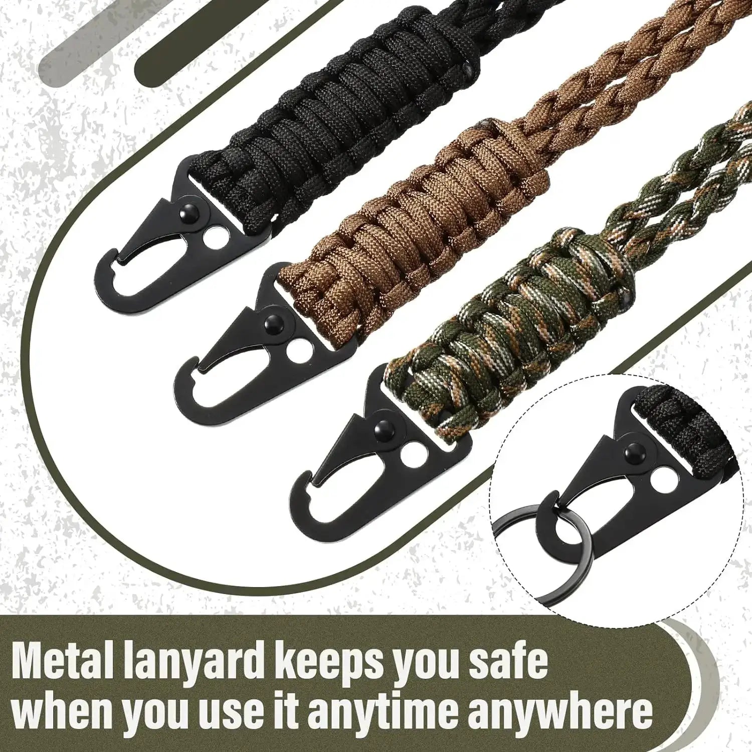 Set of 3 Simples Market heavy-duty paracord lanyards with metal clips; braided in black, brown, and green camo.