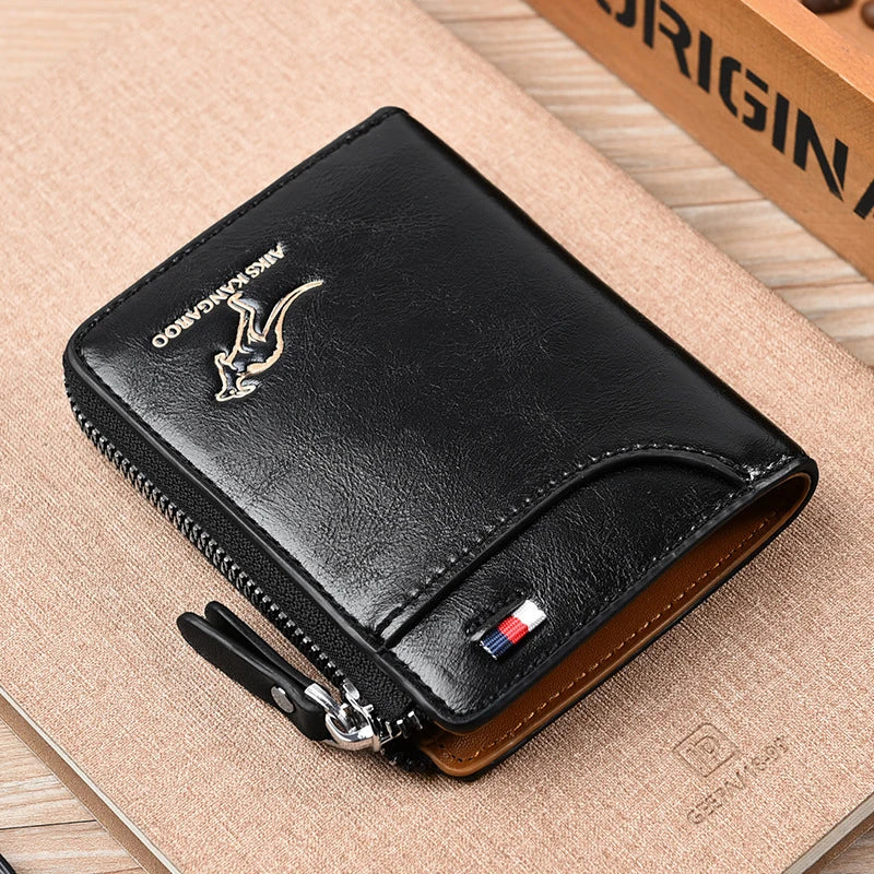 Men's black leather zip-around wallet with RFID protection and card slots