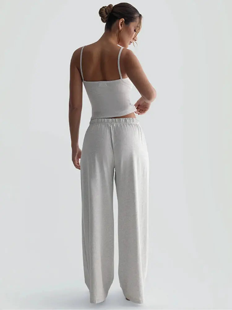 Kliou Women Two Piece Set U Neck Backless Camisole Top Pants
