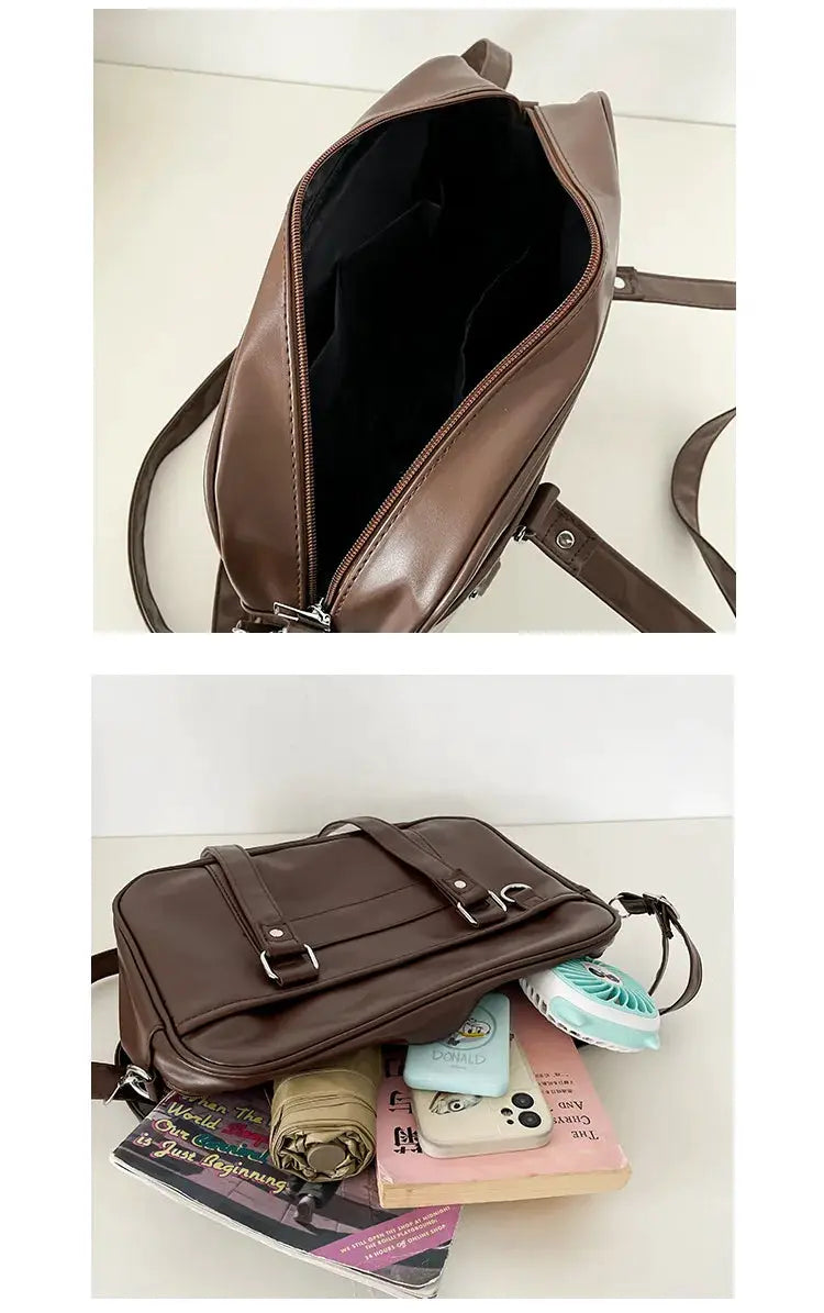 Japanese JK bag by Simples Market in brown PU leather with crossbody strap and buckle accents