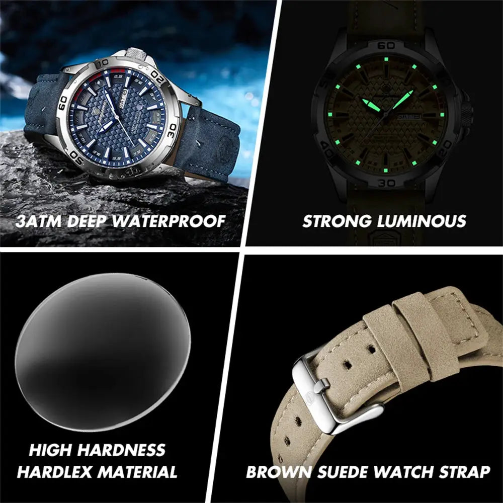 PAAZOMU men's wristwatch with stainless steel case, blue dial and blue suede strap; waterproof and luminous