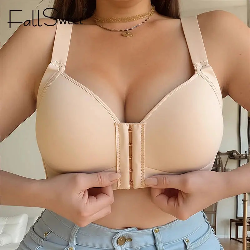 FallSweet Plus Size wireless front-closure bra by Simples Market, nude seamless cups