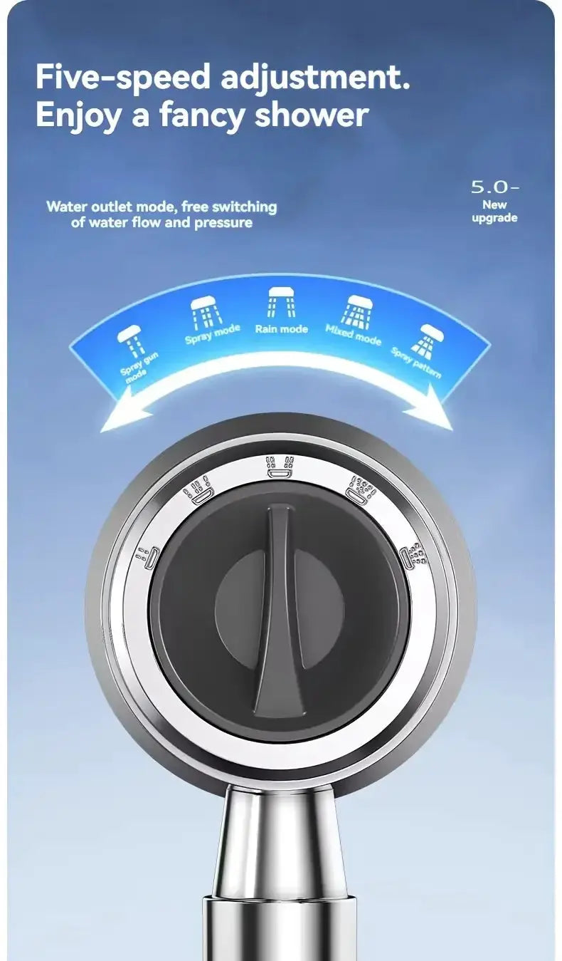 Handheld shower head with filter, high-pressure design, 5 spray modes, chrome finish by Simples Market