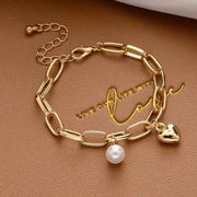 Gold Color Bracelet For Women Simple Style Thick Cross Chain With Love Human Head Cross Pearl Pendant