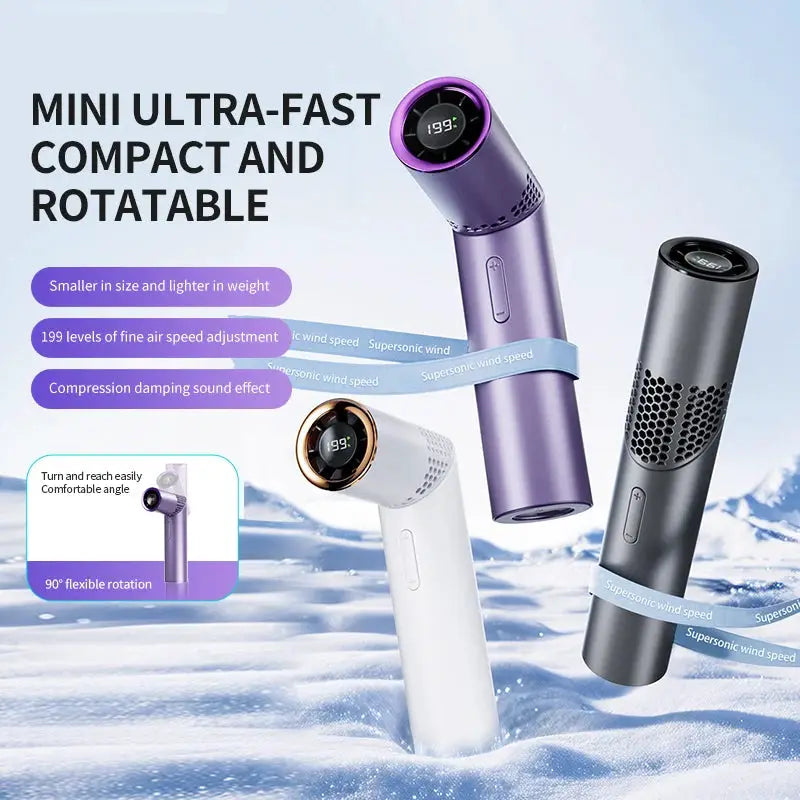 Simples Market mini folding handheld fan, purple, white and gray variants; rotatable 90° head with digital display.