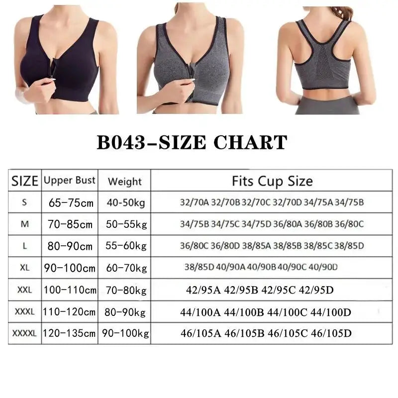 Running fitness sports bra with front zipper by Simples Market; breathable seamless design, three color options shown.