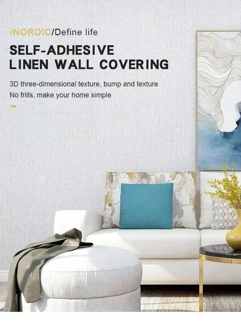 Self-adhesive linen wall covering with 3D texture in light gray for bedroom decor
