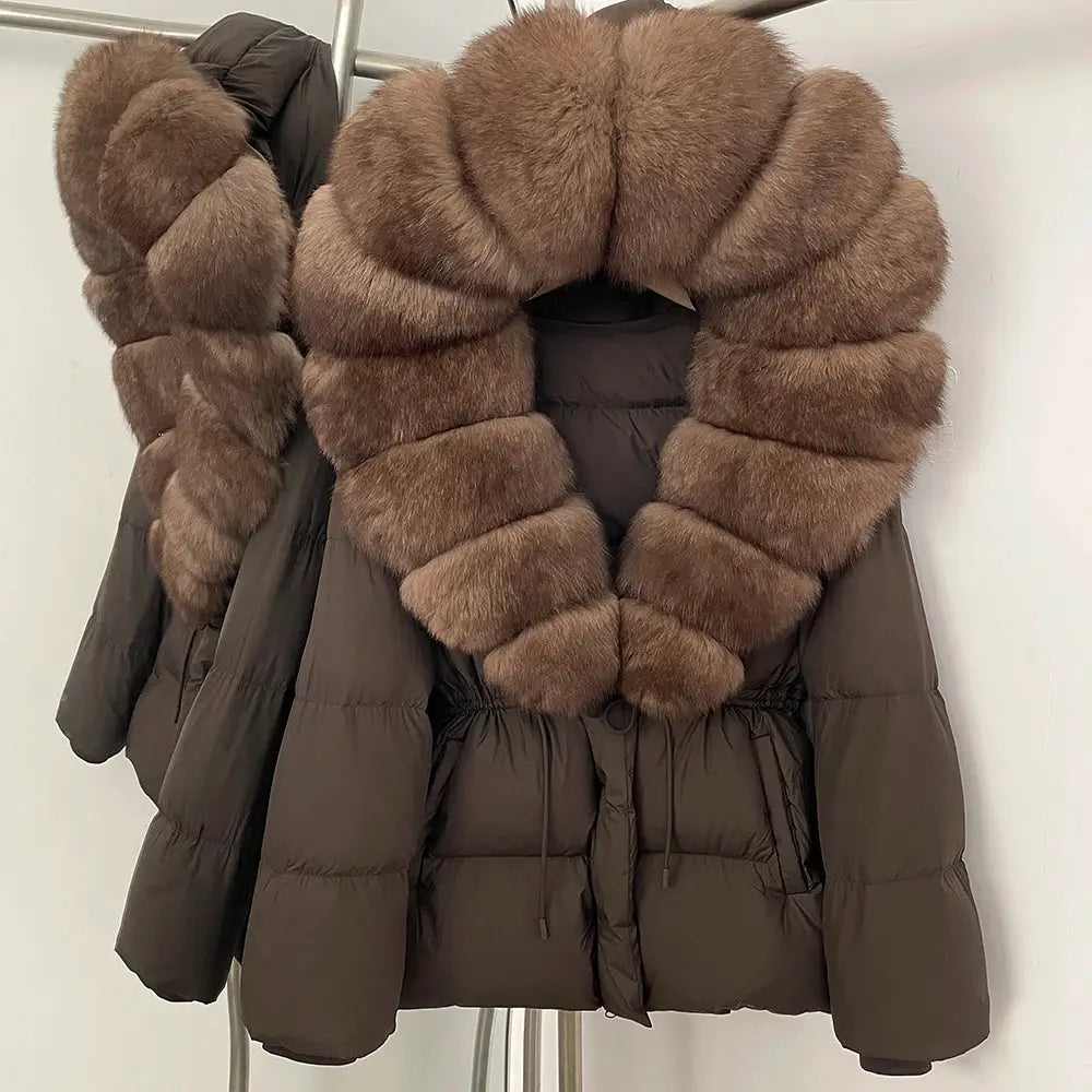 Womens Real Fox Fur Collar Duck Down Coat With Raccoon Fur Trim Hooded Puffer Jacket