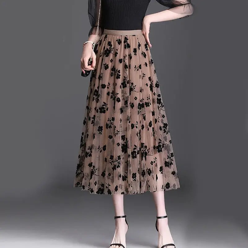 Simples Market Korean women tulle floral midi skirt in beige mesh with black flowers