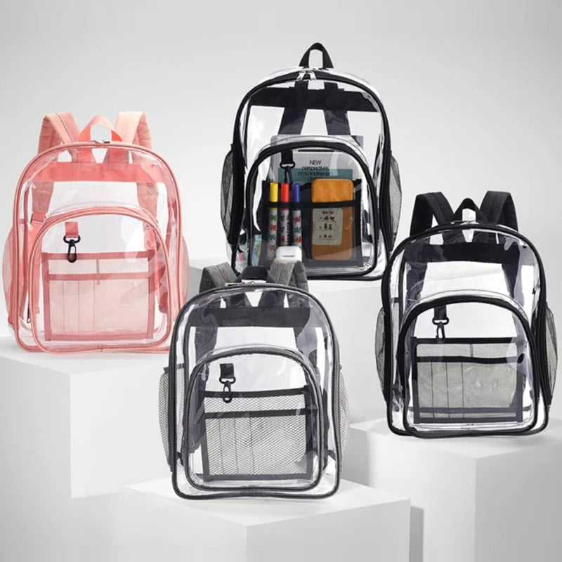 Set of 4 transparent PVC backpacks, waterproof, in pink, gray, and black designs