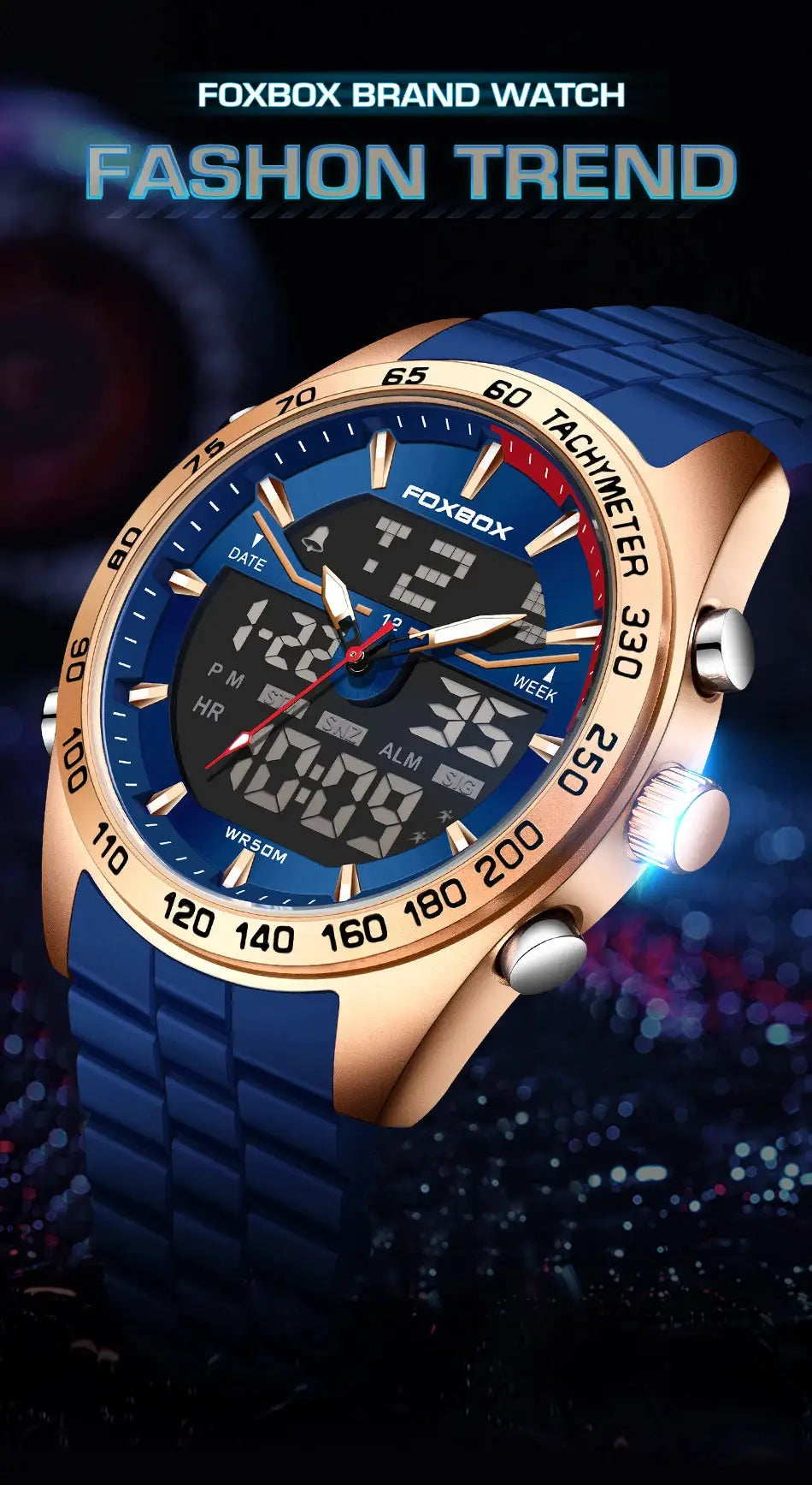 FOXBOX luxury men's digital wristwatch with blue strap, gold-tone bezel, 30M water resistant