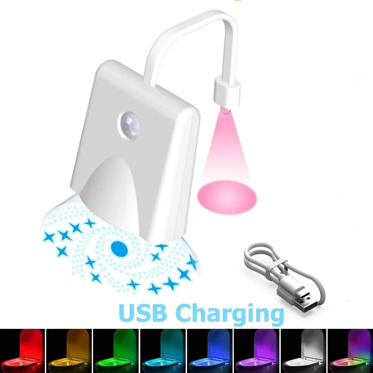 Toilet night light by Simples Market; white USB-rechargeable motion-sensing projector with colorful bathroom light