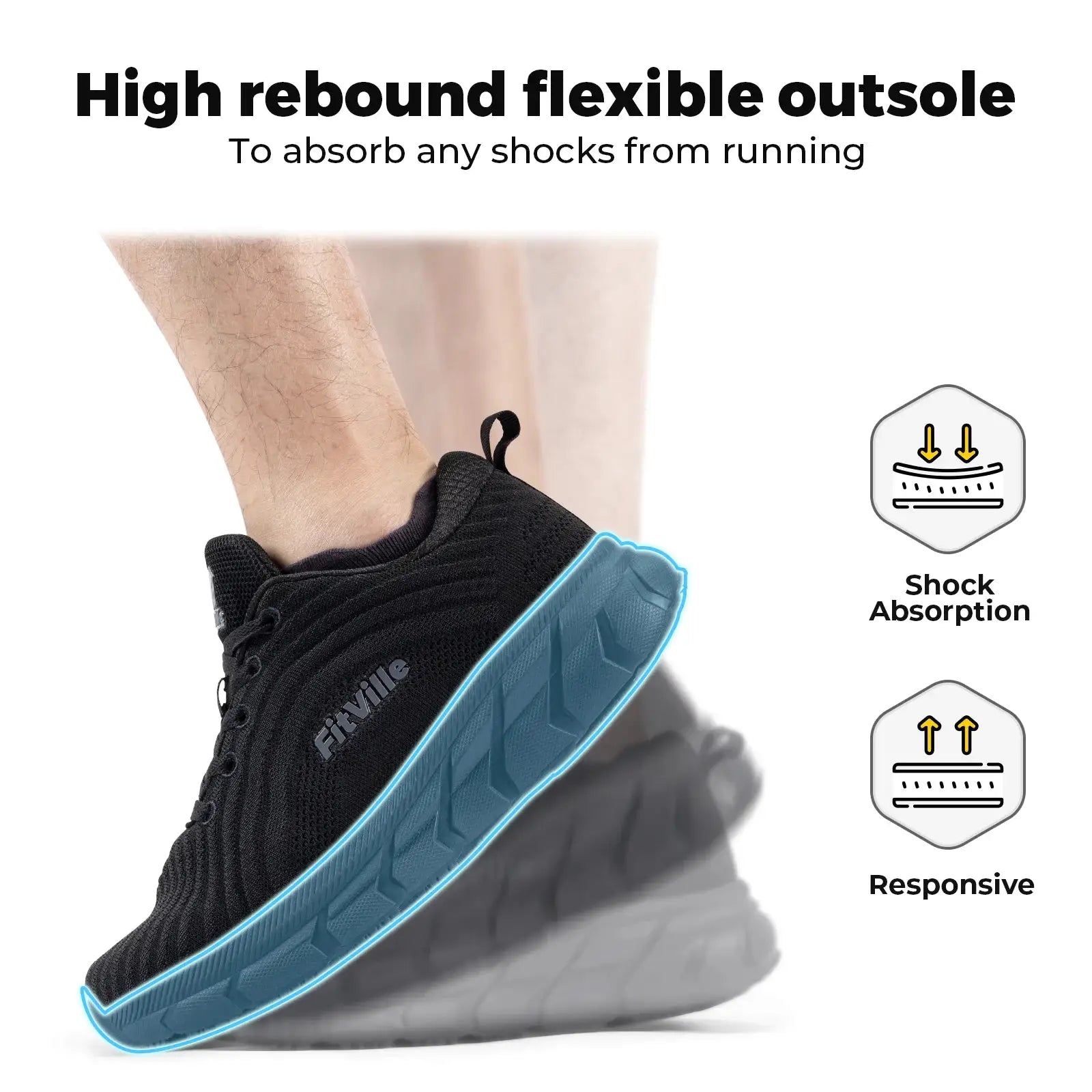 FitVille men's wide-toe-box running shoe with black mesh upper and blue cushioned outsole