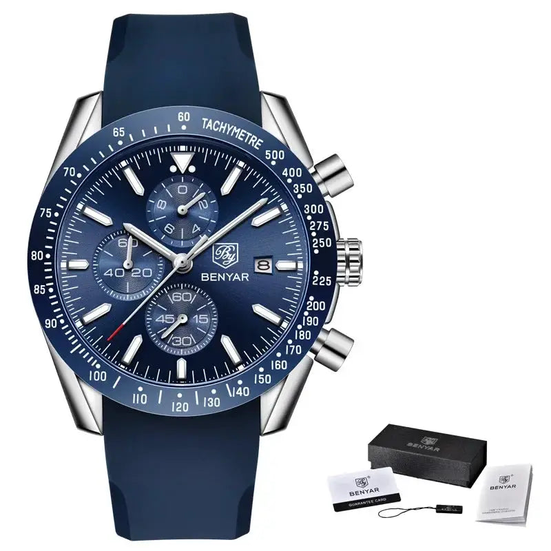 BENYAR men's blue dial chronograph watch with blue strap and tachymeter bezel; includes box and papers
